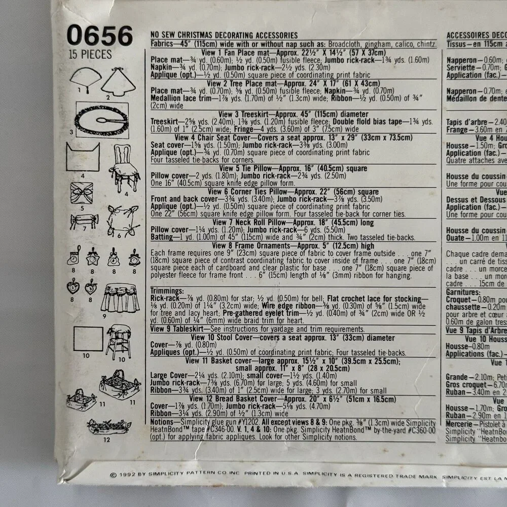 Simplicity 0656 No Sew Pattern Christmas Placemats Tree Skirt Pillows Ornaments